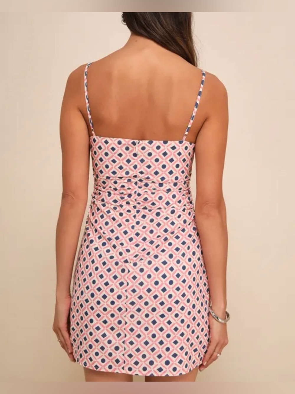 Lulus NWT “Charming Desire” Pink Geo Print Ruched Sleeveless Mini Dress. Small. - Picture 11 of 14